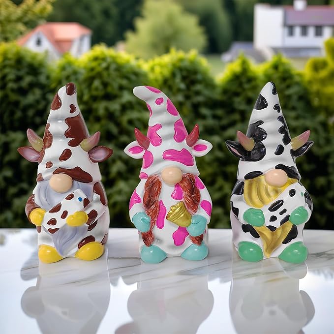 Spring & Summer-Themed Garden Statues – Adorable Outdoor Decor for Lawn, Patio & Porch (Cow Gnome Trio Mini Statue Set of Three, 5" Miniature Figurine and Unique Farm Resin Garden Statue)