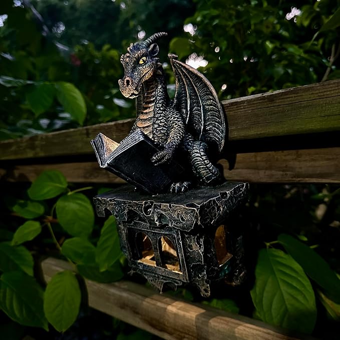 Garden Dragon Statue Tree Hugger Solar Powered Outdoor Figurine Wall Hanging Decor Cute and Reading Magic Book Resin Sculpture Home Decoration Porch Patio Lawn Farm Yard Housewarming Ornament Gift