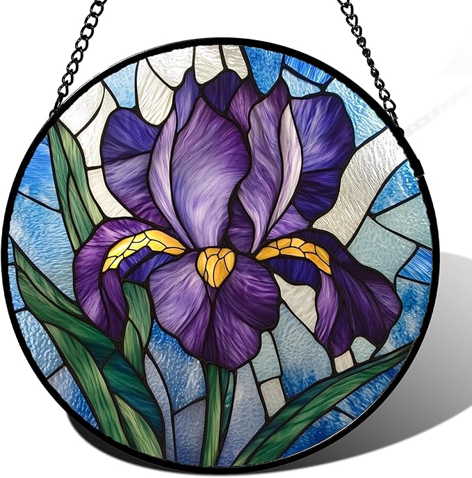 Stained Glass Window Hanging - Iris Birth Flower Suncatcher for Doors Garden Yard Purple Blue Sun Catchers Decor Christmas Mother's Day Birthday Gifts for Teacher Women Mom Nana 7.8 in