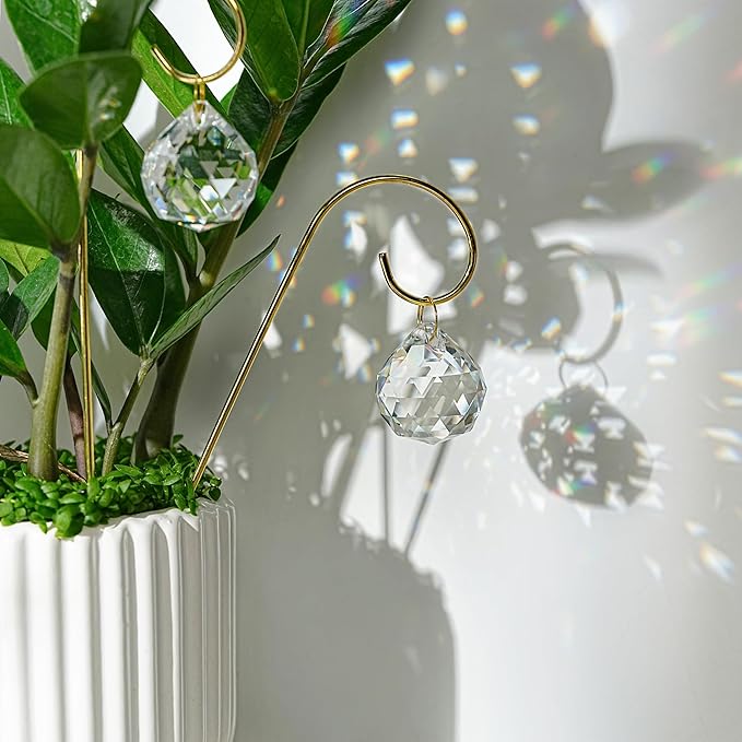 HDCRYSTALGIFTS 9pcs 30mm Crystal Ball Prism Suncatchers with 7.5'' Gold Plant Pot Trellis for Miniature Garden and Potted Plant Decorations, Fairy Garden Sun Catchers for Indoor Plants Accessories