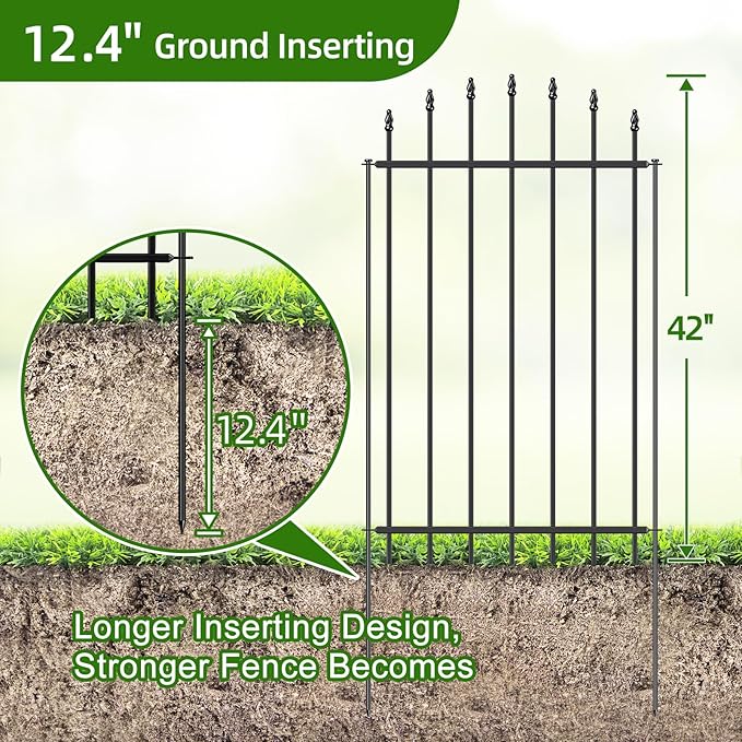 Metal Garden Fence 42 in H x 12 ft L, 6 Panels + 7 Stakes Border Dog Fence Panels Animal Barrier, No Dig Garden Fencing for Yard Patio Flower Bed Lawn Outdoor, Arch Black