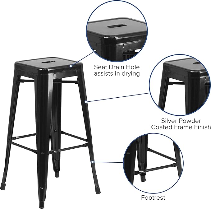 Flash Furniture 30"H Commercial Modern Metal Backless Barstool, Indoor/Outdoor Industrial Square Stacking Bar Stool for Patio Bars/Restaurants, Black
