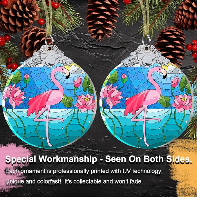Flamingo Christmas Ornaments - Flamingo Gifts for Women Men - Flamingo Christmas Tree Decorations - Flamingo Gift Ideas Crystal Glass 3" - Xmas Gifts for Flamingo Lovers