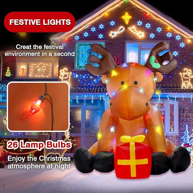 8 FT Christmas Inflatable Outdoor Decorations, Giant String Lights Reindeer Blow up Yard Decor with Red Gift Box, 26 LED Lights Xmas Holiday Decorations for Outside Lawn Garden Indoor