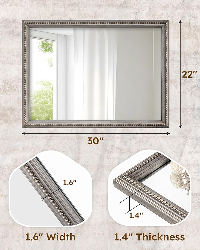 Axeman 22x30 Wood Wall Mirror, Rustic Bathroom Mirror, Vintage Wall Mounted Mirror Tempered Glass with Beaded Wooden Frame for Farmhouse Living Room Vanity Bedroom Entryway, Grey