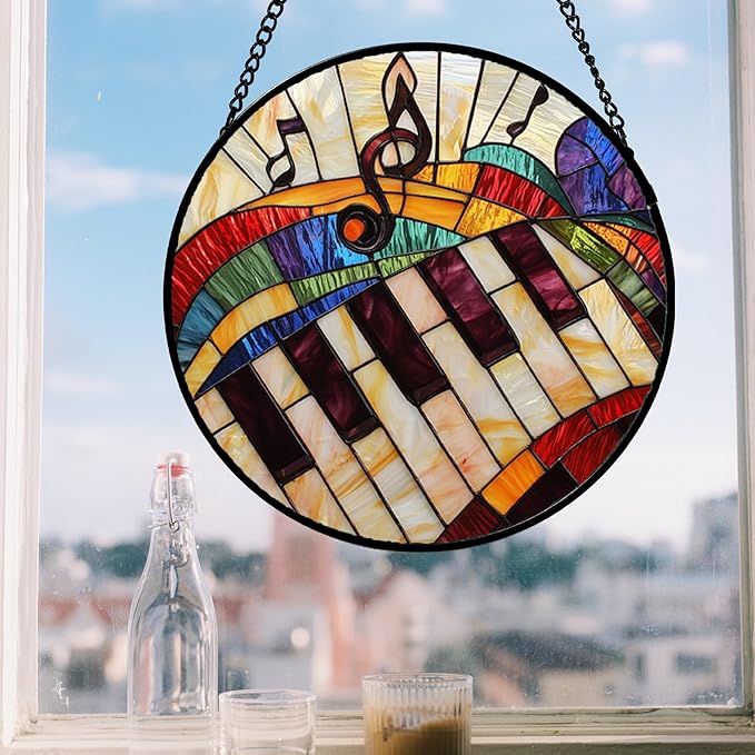 Stained Glass Window Hanging, Piano Notes Sun Catchers Glass Panel Suncatcher Decor for Birthday for Women, Men, Wife, Aunt, and Mom 14.9x14.9 in
