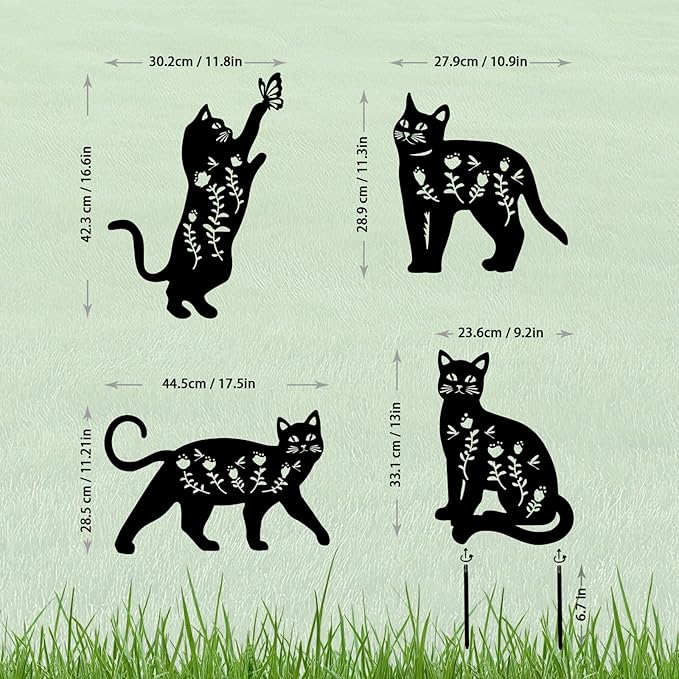 4 Pack Cat Metal Garden Decorative Stakes, Weather Proof Silhouette Statues for Yard, Patio,Outdoor Decor for Cat Lovers and Pet Owners