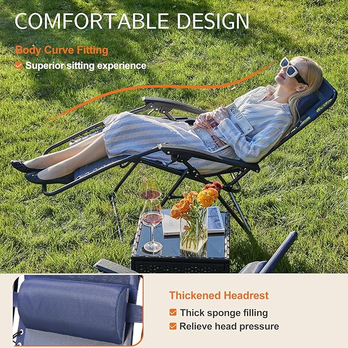Sweetcrispy Zero Gravity Chairs, Set of 2 Portable Recliner Beach Camping Patio Outdoor Folding Lounge Chair with Cup Holder Trays and Adjustable Pillow for Poolside, Garden, Backyard, Lawn (Blue)