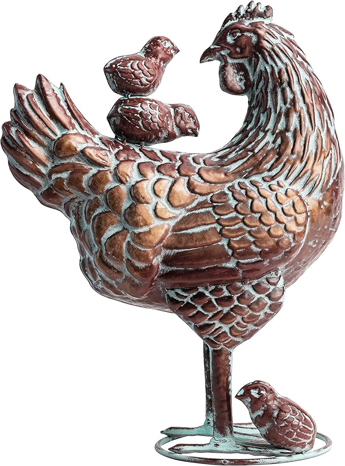 Metal Hen with Chicks Statues Yard Art, 13.5"x18" Metal Hen Chicken Figurine Decor, Vintage Outdoor Garden Statue Sculpture, Lifelike Garden Mother Hen & Baby Chick Sculptures for Chicken Lovers