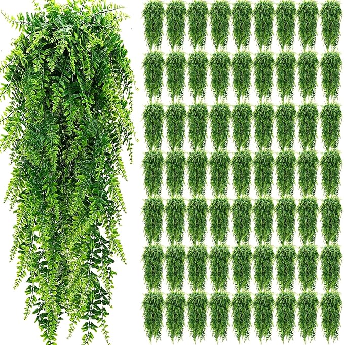 Geosar 64 Pcs Artificial Hanging Plants 32 Inch Hanging Boston Ferns Plastic Fake Plants for Wall Room Garden Wedding Garland Indoor Outdoor Decoration, No Basket