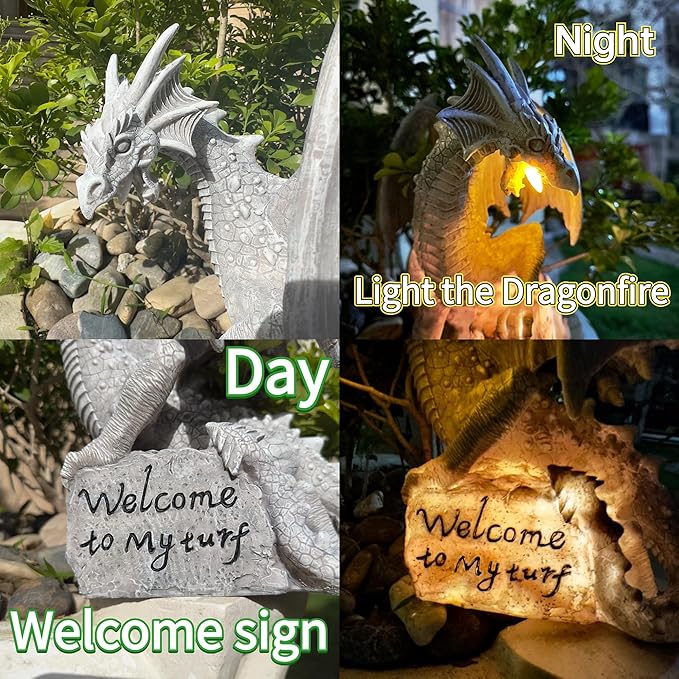 Garden Large Dragon Statue Solar Powered Outdoor Figurine Light The Dragonfire Welcome to My Turf Sign Big Resin Sculpture Home Decoration Housewarming Ornament Unique Gift
