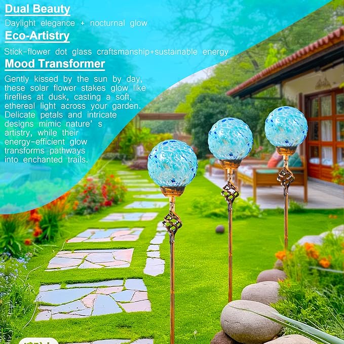 Garden Solar Lights Outdoor, Decorative LED Honeycomb Glass Ball Garden Stake, Glass and Metal Outdoor Decoration, 4 x 31 Inch (Light Blue)
