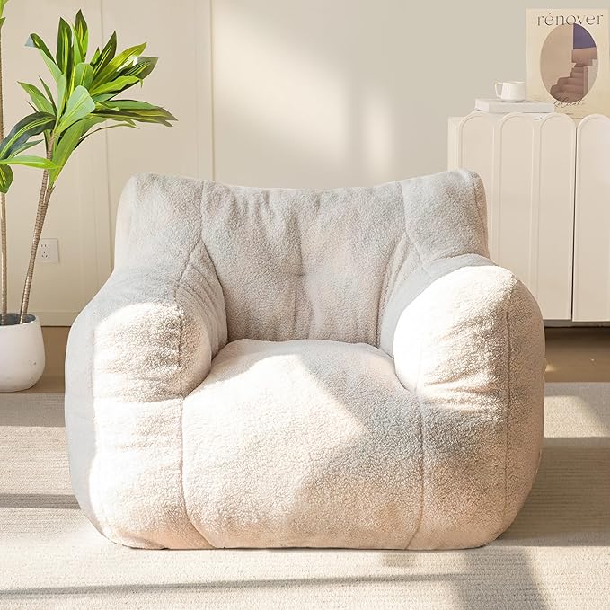 MAXYOYO Bean Bag Chair, Tufted Bean Bag Sofa with Boucle Fabric, Comfy Lazy Chair with Filler, Living Room Sofa for Adults Teens, Accent Couch for Bedroom Dorm, Beige