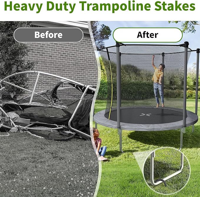 12 Inches Trampoline Wind Stakes 16-Pack, Heavy Duty U Stakes for Ground, Trampoline Tie Down Anchor Kit for Swing Set and Soccer Goal Galvanized Steel Anchors Black