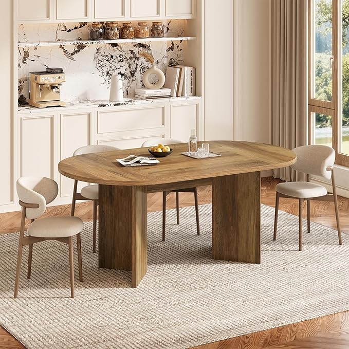 LITTLE TREE 63" Rustic Oval Dining Table for 4-6, Sturdy MDF Farmhouse Kitchen Table with Metal Strip Base, for Living Room, Office, Restaurant, Multi-Use, Umber