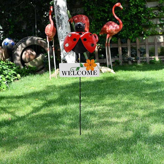 Veclotch 30"" H Metal Ladybug Garden Stake,Rustic Ladybird Decorative Yard Stakes Metal Yard Art Bug Ornaments Welcome Outdoor Spring Garden Stake for Patio Lawn Porch Pathway Decor