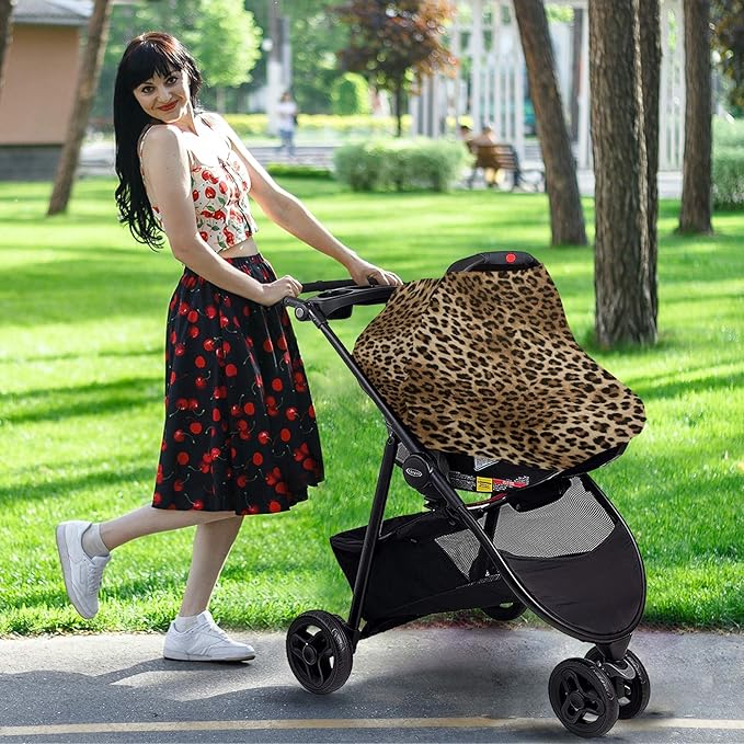 Pretty Leopard Print Stretchy Baby Car Seat Cover Infant Canopy Nursing Covers Breastfeeding Cover Breathable Windproof Winter Scarf for Boys Girls