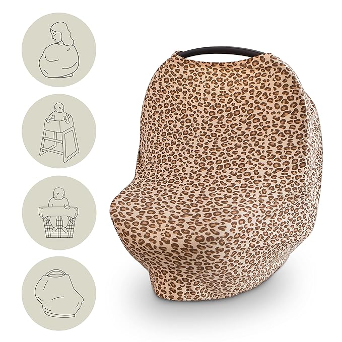 mushie Baby Car Seat Canopy Cover | Breathable & Stretchy Multi Use Cover for Breastfeeding, Nursing, High Chair, Shopping Cart, Strollers (Leopard)