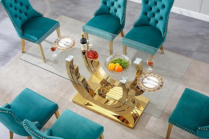 70 ''Glass Dining Table,Rectangle Glass Kitchen Table w/Tempered Glass Tabletop and Stainless Steel Base, Modern Glass Dining Room Table for Home, Kitchen, Dining Room