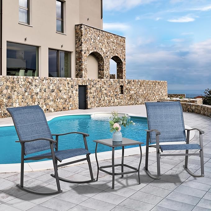 Vongrasig 3 Piece Outdoor Rocking Bistro Set, Textilene Fabric Small Patio Furniture Set, Front Porch Rocker Chairs Conversation Set with Glass Table for Lawn, Garden, Balcony, Poolside (Denim Blue)
