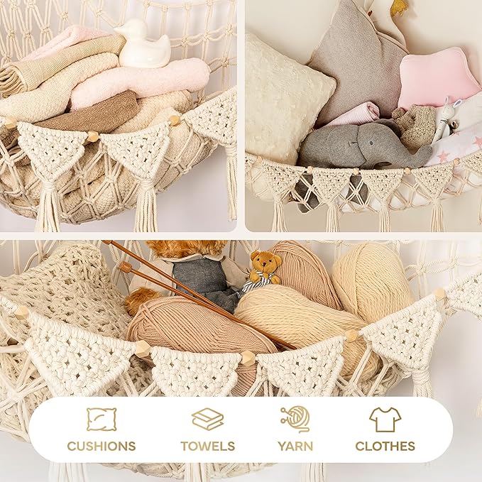 Stuffed Animal Hammock Corner | Sturdy Handcrafted Stuffed Animal Net | 4mm Double Macrame Cord Stuffed Animal Holder | Natural 100% Cotton Plushie Net | Toy Hammock w/LED Light (Ice Cream)