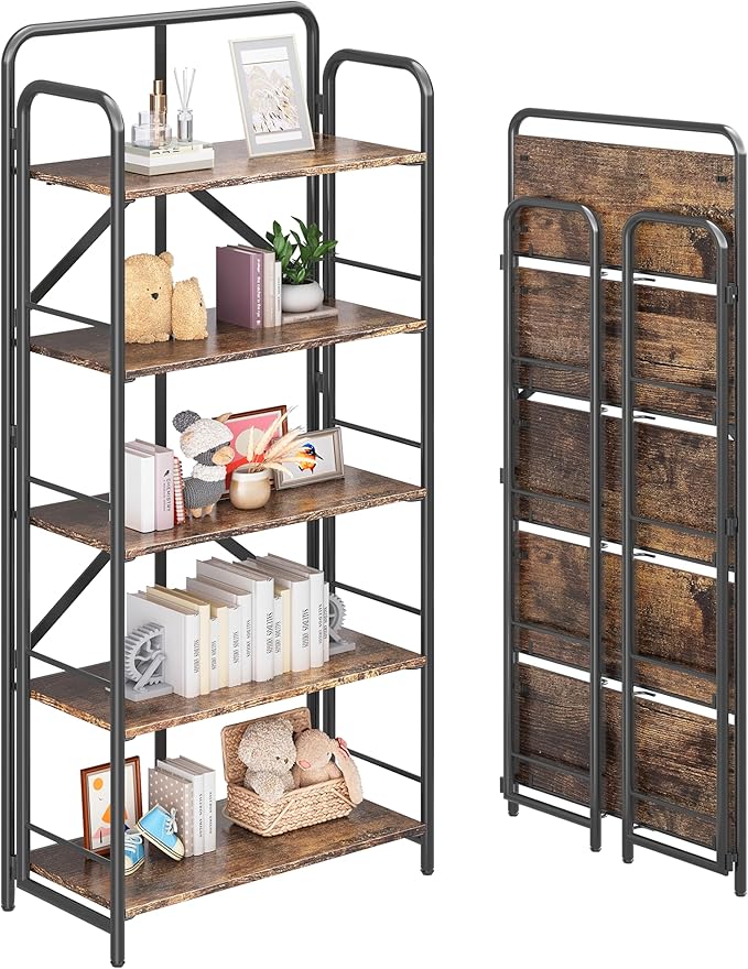 4NM No Assembly Folding Bookshelf 5 Tiers Vintage Industrial Black Book Shelf Metal Foldable Storage Bookcase and Bookshelves for Living Room,Bedroom and Kitchen - Rustic Brown