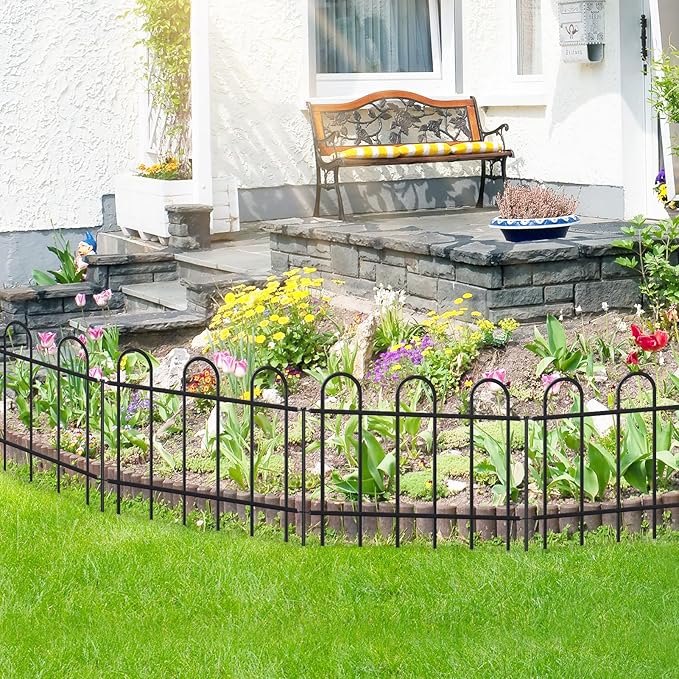 Metal Garden Fence 18 in H x 16 ft L, No dig Garden Border Yard Fencing, Dog Fence Outdoor Temporary Animal Barrier for Flower Bed Lawn and Patio, 8 Panels + 9 Stakes Black