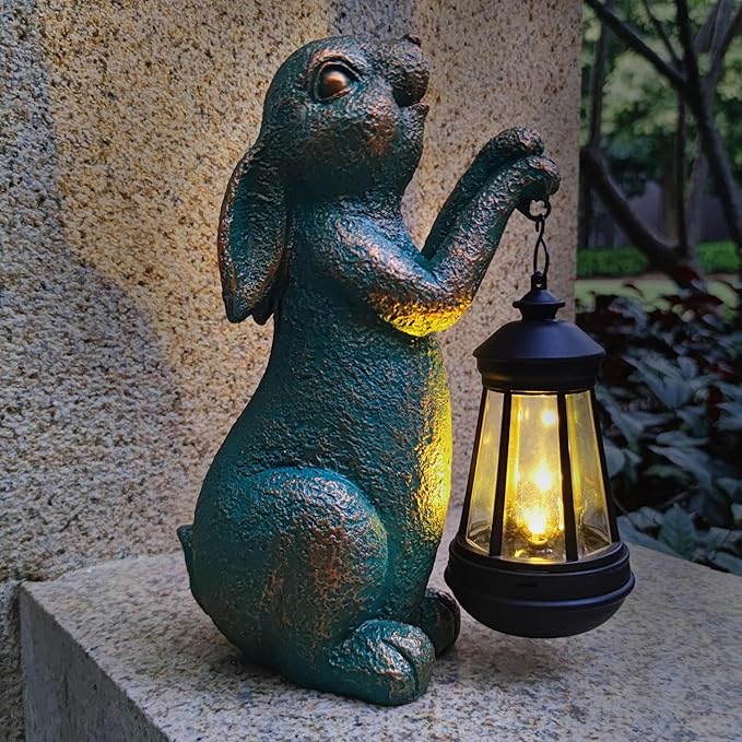 JOYBEE Garden Statues Rabbit with Solar Lantern Outdoor Decor-Rabbit Solar Figurines Lights Decorations for Patio Yard Lawn Ornaments-Gifts for Birthday Easter Housewarming