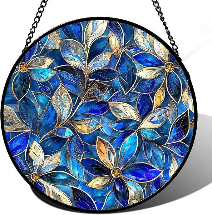 Stained Glass Window Hanging - Blue Gold Abstract Flowers Suncatcher for Door Terrace Garden Home Decor, Plant Sun Catcher Birthday Gifts for Lovers Women Men Dad Mom Nana 15 in