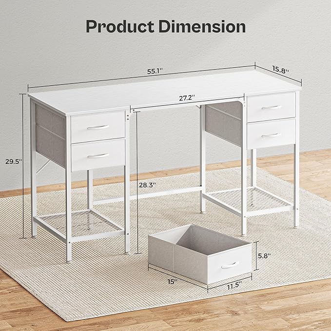 Huuger 55 Inch White Desk with 4 Drawers, Vanity Desk with Mesh Shelf for Makeup, Computer Desk for Home Office with Large Storage, Bedroom, Work from Home