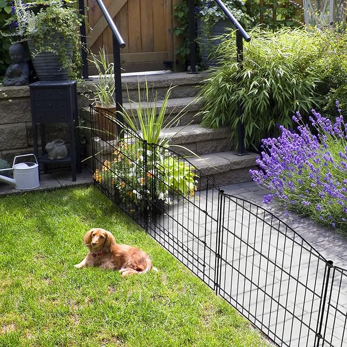 INJOPEXI Garden Fence 12 Panels 23.6ft (L)×24in (H) Decorative Garden Fences with 11 Fence Panels + 1 Gate Rustproof Wire No Dig Garden Fence Animal Barrier Fencing for Outdoor Backyard Patio - Black