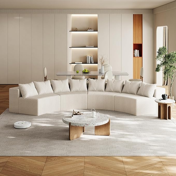 KEIKI Corduroy Curved Sectional Sofa, 4 Seater Symmetrical Modular Semi Circular Couch, Deep Seat Tufted Corner Sofa for Living Room, Lobby, Beige
