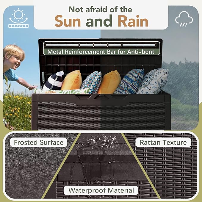 Flamaker Deck Box with Cushion 100 Gallon Waterproof Resin Storage Box with Air Rod Indoor Outdoor Lockable Storage Bench for Patio Furniture, Tools, Pool Accessories (Deep Brown)