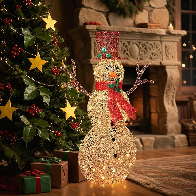 LuxenHome 4FT Lighted Snowman Outdoor Christmas Decorations, Gold Light Up Snowman Christmas Decor with 70 LED Light, Red Scarf & Hat, Xmas Decorations Outdoor, Indoor for Porch, Lawn Holiday Display