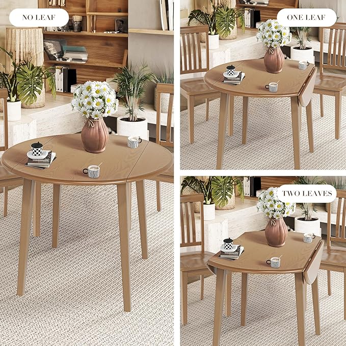 COLAMY 3-Piece Extendable Dining Table Set for 2, 36" Kitchen Round Wood Table with 2 Nailhead Dining Room Chairs,Light Brown/Green