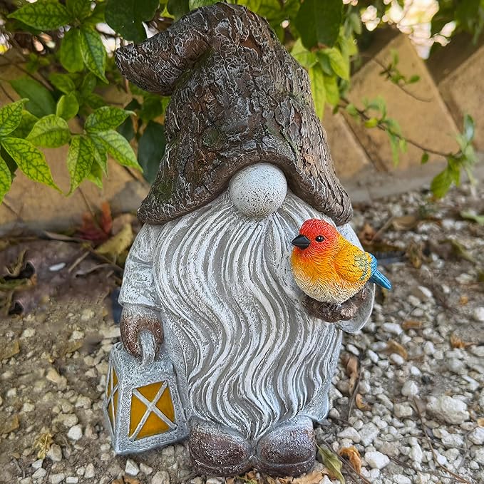 Mood Lab Garden Gnome - Stone Gnome Figurine - 9.1 Inch Tall Lawn Statue with Bird - for Outdoor or House Decor