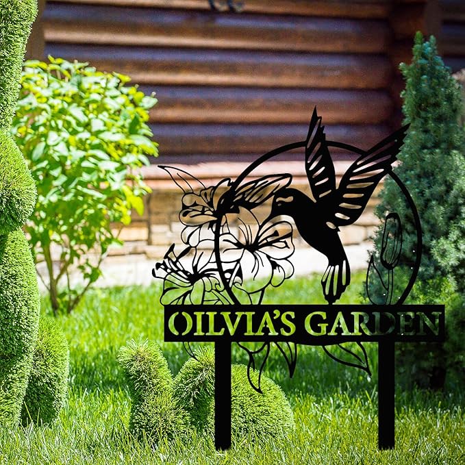 Custom Hummingbird Metal Garden Decor, Personalized Bird with Stakes Garden Sign, Flower Design Personalized Garden Sign, Custom Garden Name Sign, Home Gift, Large Outdoor Decor, Patio Decor