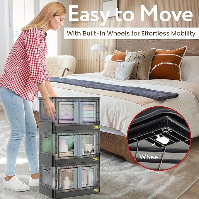 Quik Box - 8.5 Gallon 3-Pack Stackable Storage Bins with Doors & Wheels - Collapsible Organizer for Dorms, Bedroom & Home - Durable Polystyrene - Black