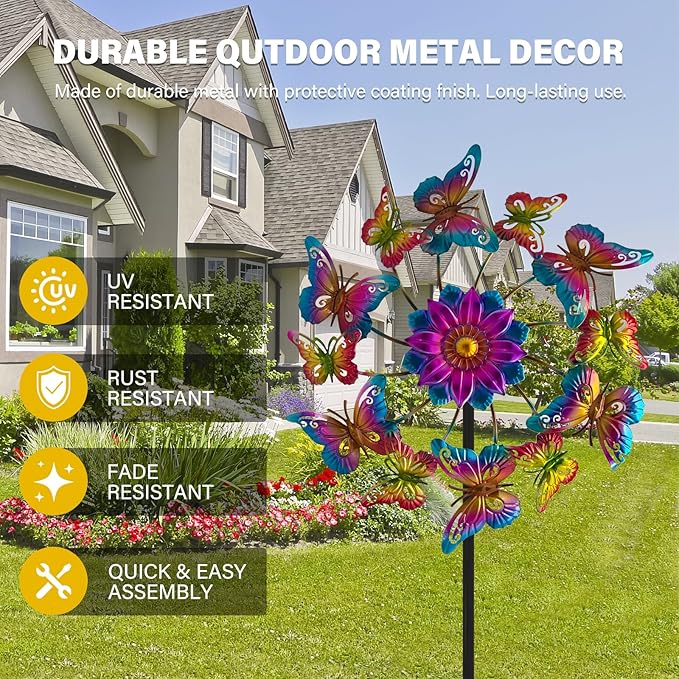 45" Butterfly Garden Wind Spinners for Yard, 12pcs Colorful Butterflies Kinetic Outdoor Decor, Wind Sculpture Yard Art Decorations for Patio, Lawn