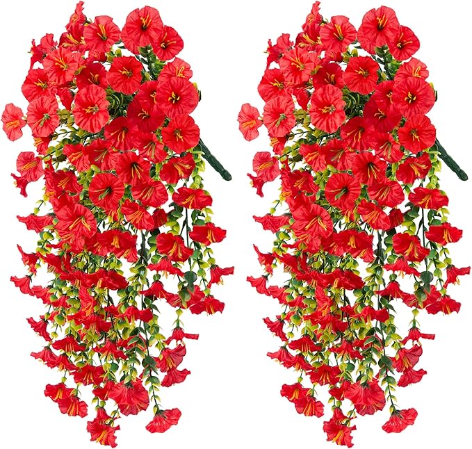 Ivydale 2 PCS Artificial Hanging Flowers Fake Plants Outdoor,Silk Morning Glory Faux Flowers with Eucalyptus Leaves,UV Resistant Realistic Hanging Petunias Plants for Home Garden Decor (Red)
