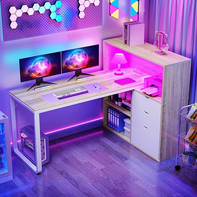 DWVO L Shaped Desk with Drawers, 55" Corner Computer Desk with Bookshelf & Power Outlets & LED Lights, Home Office Desk with Storage Shelves, Oak & White