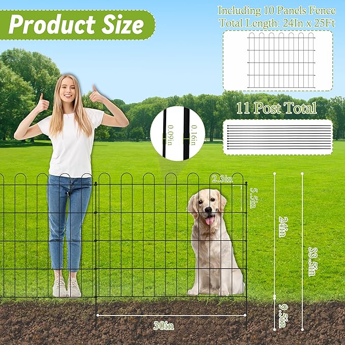 Sunnyglade 10 Panels No Dig Decorative Outdoor Garden Fence for Yard, 24in(H) X 25 ft(L) Animal Barrier Fencing Rustproof Metal Wire Panel Border for Dog, Rabbits or Any Small-Bodied Animal