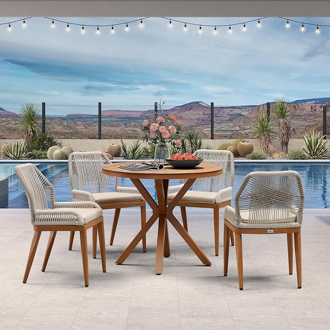 PURPLE LEAF 5 Pieces Round Dining Set Patio Aluminum Modern Round Table and Wicker Chairs with Cushions for Kitchen Porch Garden Outdoor Furniture Sets
