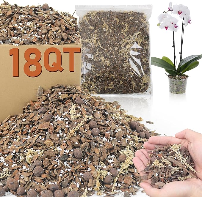 Orchid Bark Potting Mix - 18QT Fast-Draining Soil with Pine Bark, Perlite, Moss & Leca Clay, Breathable Mix for Healthy Roots,Ideal for Repotting & Indoor Orchid Plants