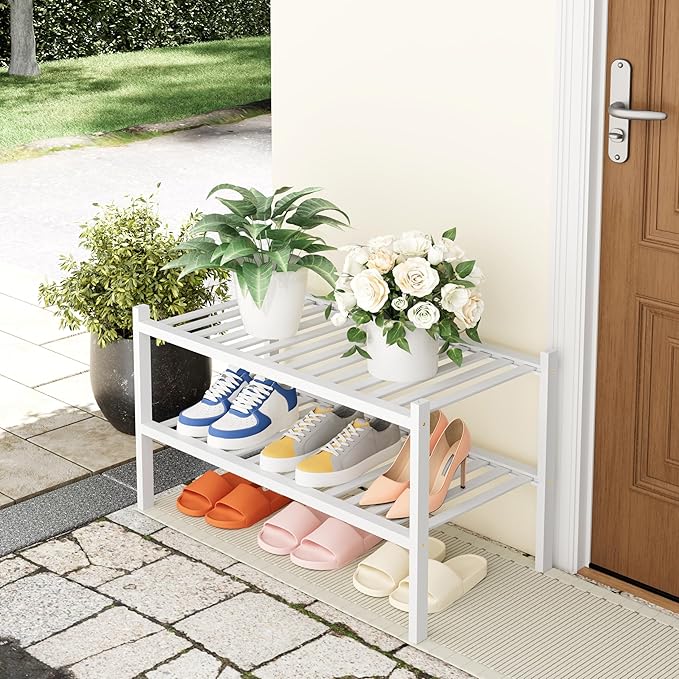 Smiry Shoe Rack, 2 Tier Thick Bamboo Shoe Organizer, Stackable Free Standing Wooden Shoe Storage Shelf for Closet, Entryway, Front Door Entrance, White