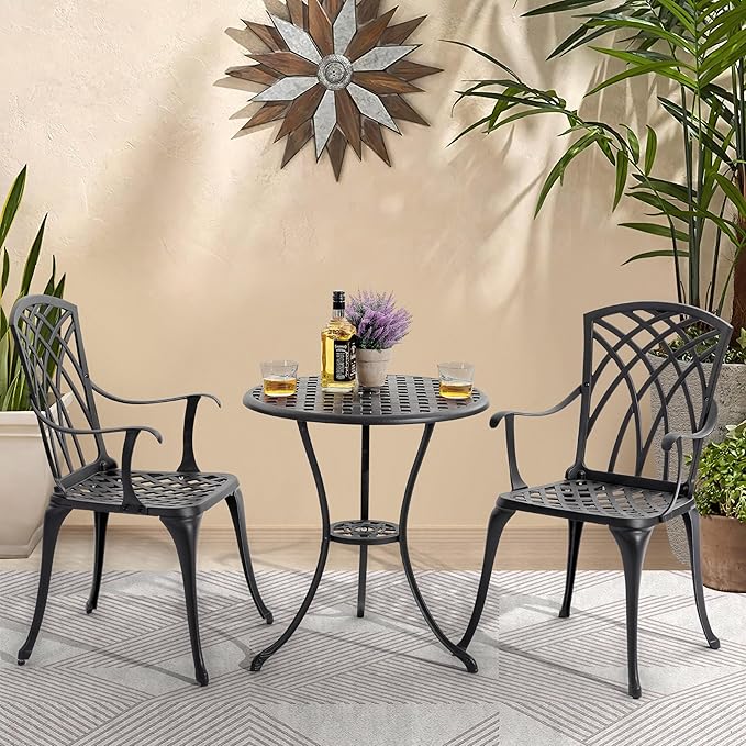 NUU GARDEN Patio Bistro Sets 3 Piece Cast Aluminum Bistro Table and Chairs Set with Umbrella Hole Bistro Set of 2 for Patio Backyard, Black