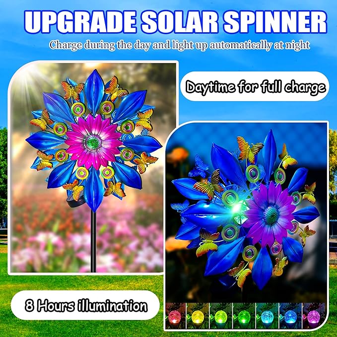 60 Inch Solar Wind Spinner Outdoor - Double-Sided Rotating Colorful Kinetic Wind Spinners for Garden, Yard Decorations Outdoor,Metal Wind Sculptures & Spinners, Wind Art