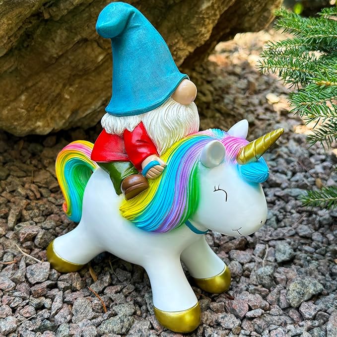 Mood Lab Garden Gnome Statue - Garden Gnome Riding Unicorn - 8.3 Inch Tall Lawn Figurine - for Outdoor or House Decor - Funny Yard & Patio Decoration
