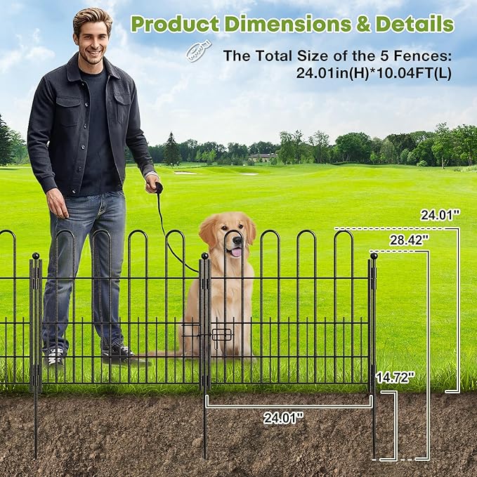 5 Panels Garden Fence with Latch Gate, 24.01in (H) X 10.04ft(L) Animal Barrier Fence with 1in Gaps for Rabits, Dog Fencing Outdoor for Yard, Flower Beds, Patios, Vegetable Patches
