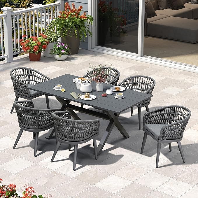 PURPLE LEAF 7 Pieces Outdoor Dining Set All-Weather PE Rattan Outdoor Patio Furniture Set with All Aluminum Frame Rectangular Table and Chairs Set for Lawn Garden Backyard Deck, Grey